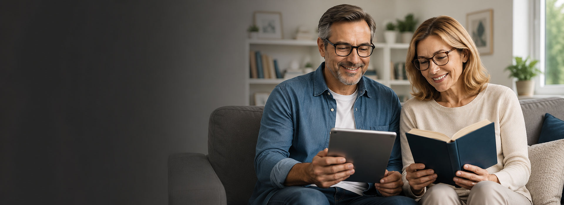 Couple wearing progressive glasses while reading and using a tablet