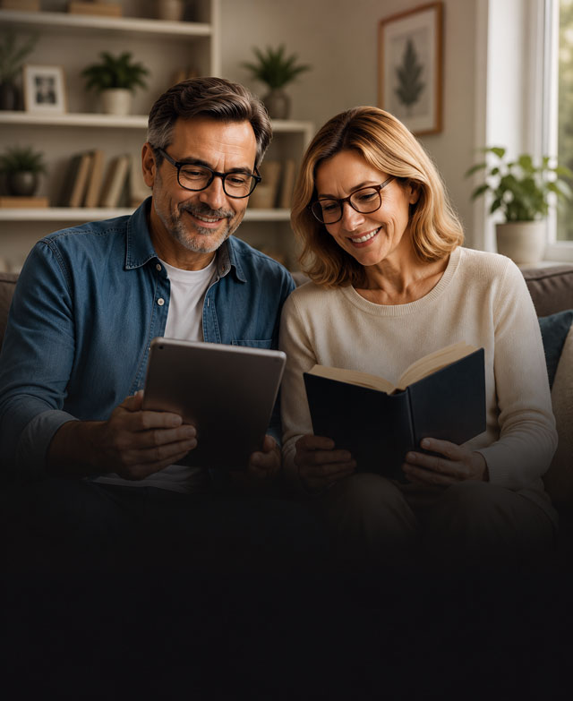 Couple wearing progressive glasses while reading and using a tablet