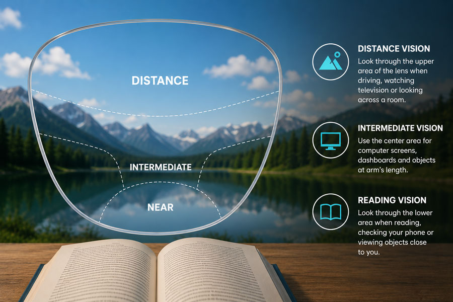 Distance, intermediate and reading zones of progressive lenses
