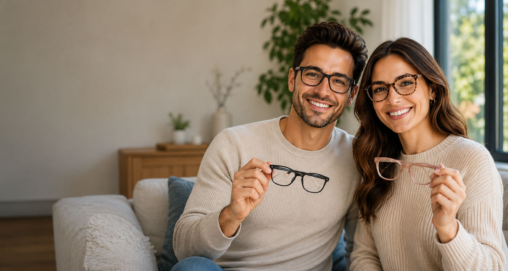 Man and woman wearing different eyeglass styles