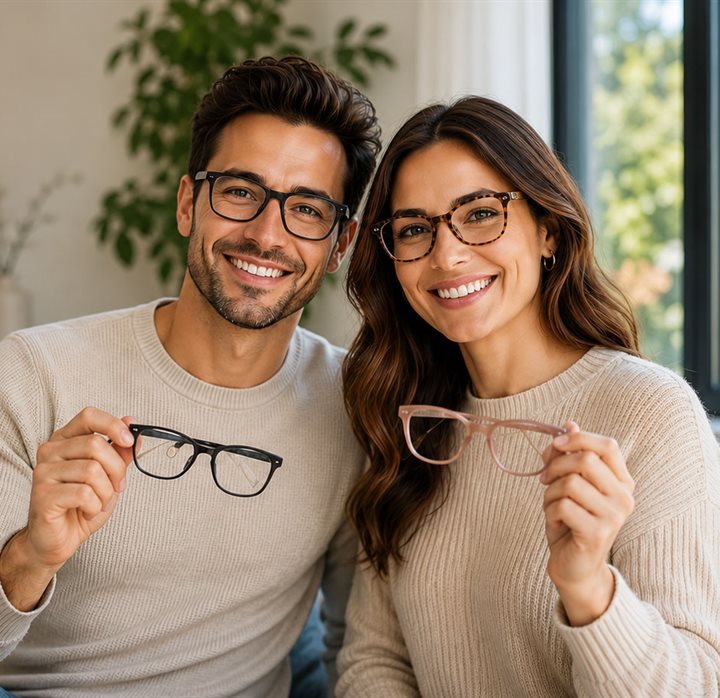 Person wearing stylish glasses with a second pair nearby