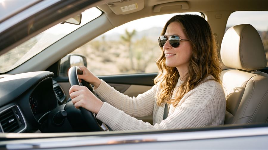 Woman driving while wearing prescription sunglasses
