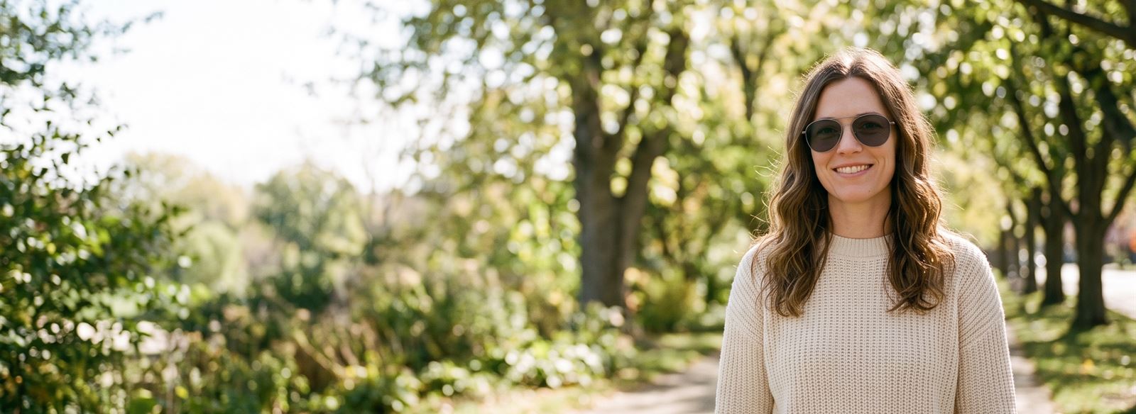 Woman outdoors wearing clear-to-dark lenses darkened by the sun