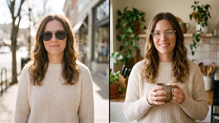 The same clear-to-dark glasses darkened outdoors and clear indoors