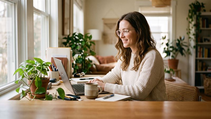 Woman wearing blue light glasses at her laptop