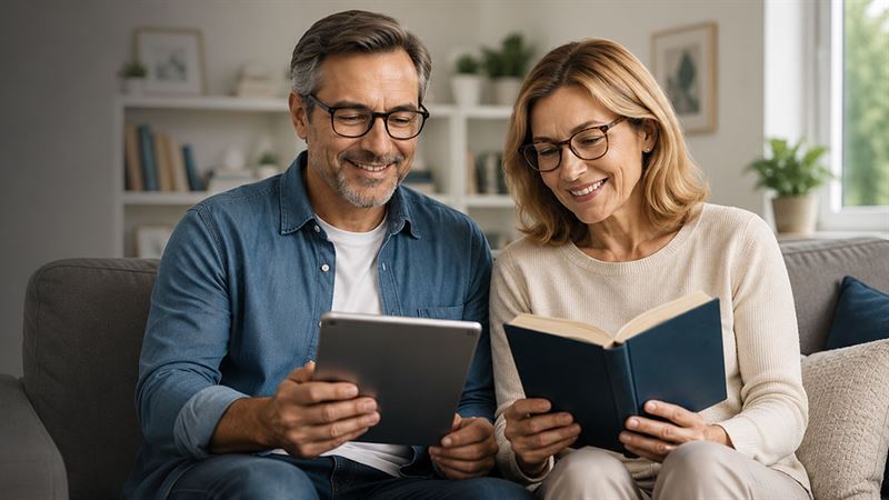 Couple wearing progressive glasses while reading and using a tablet